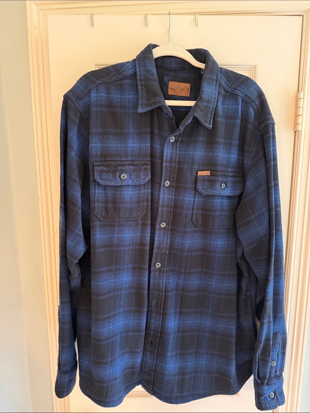 Orvis Navy and Brown Plaid Shacket with Leather Logo Patch